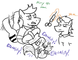 Size: 1032x795 | Tagged: safe, artist:jargon scott, starlight glimmer, pony, unicorn, the cutie map, dialogue, equal cutie mark, equality, horn ring, insanity, magic, magic suppression, needle, orderly, snaplight glimmer, straitjacket, syringe, that pony sure does love equality