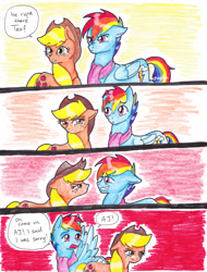 Size: 2513x3300 | Tagged: safe, artist:tristanjsolarez, derpibooru import, applejack, rainbow dash, earth pony, pegasus, pony, comic:trans ponies, angry, comic, high res, traditional art