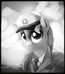 Size: 2025x2281 | Tagged: safe, artist:thefloatingtree, derpibooru import, rainbow dash, pegasus, pony, bust, captain, clothes, grayscale, hat, looking at you, monochrome, portrait, sailor, shirt, solo, uniform