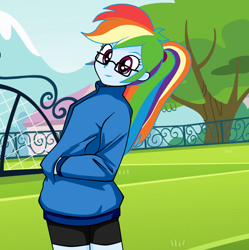 Size: 1074x1080 | Tagged: safe, artist:philelmago, derpibooru import, rainbow dash, equestria girls, clothes, compression shorts, cute, dashabetes, female, glasses, solo