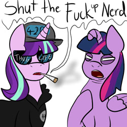 Size: 512x512 | Tagged: artist needed, safe, derpibooru exclusive, starlight glimmer, twilight sparkle, twilight sparkle (alicorn), alicorn, pony, 420, burned, female, flaccid, floppy horn, mare, nerd, offended, parody, rude, scene parody, shut the fuck up, smoking, thug life, twilight flopple, vulgar