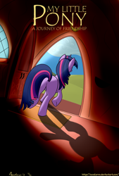 Size: 1024x1517 | Tagged: safe, artist:acceleron, derpibooru import, twilight sparkle, door, parody, plot, rear view, shadow, solo, the hobbit, walking