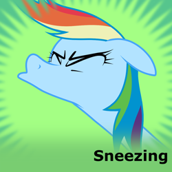 Size: 1024x1024 | Tagged: safe, artist:prismaticstars, derpibooru import, rainbow dash, pegasus, pony, :o, derpibooru, eyes closed, female, floppy ears, mare, meta, open mouth, sneezing, solo, spoilered image joke