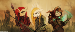 Size: 1436x620 | Tagged: safe, artist:foxinshadow, queen chrysalis, surprise, oc, anthro, changeling, changeling queen, armor, fight, magic, surprisamena, sword