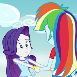 Size: 678x680 | Tagged: safe, derpibooru import, edit, edited edit, edited screencap, editor:jondor, screencap, rainbow dash, rarity, equestria girls, legend of everfree, bracelet, camp everfree outfits, cloud, cropped, cute, duo, duo female, female, implied raridash, jewelry, lip bite, rear view