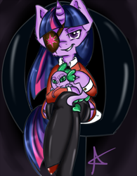 Size: 781x1000 | Tagged: safe, artist:arnachy, derpibooru import, spike, twilight sparkle, anthro, unguligrade anthro, blofeld, ernst stavro blofeld, eyepatch, james bond