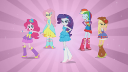 Size: 1920x1080 | Tagged: safe, artist:frostmay251, derpibooru import, applejack, fluttershy, pinkie pie, rainbow dash, rarity, equestria girls, equestria girls (movie), boots, bracelet, clothes, cowboy boots, cowboy hat, cute, dress, eyes closed, fall formal outfits, female, hat, high heel boots, humane five, jewelry, looking at you, raised leg, scarf, skirt, sparkles, this is our big night, top hat