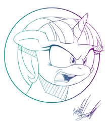 Size: 838x1000 | Tagged: safe, artist:fuzon-s, starlight glimmer, pony, unicorn, the cutie map, angry, bust, gradient lineart, monochrome, portrait, ragelight glimmer, sketch, solo, style emulation, wide eyes, yuji uekawa style