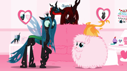 Size: 1363x768 | Tagged: safe, artist:mixermike622, queen chrysalis, oc, oc:fluffle puff, oc:marksaline, changeling, changeling queen, canon x oc, chrysipuff, female, fire, fluffside out, inside out, joy, lesbian, pixar, shipping, spontaneous combustion, wat, youtube link