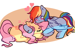 Size: 1024x677 | Tagged: safe, artist:milky-rabbit, derpibooru import, fluttershy, rainbow dash, pegasus, pony, female, flutterdash, heart, heart eyes, lesbian, prone, shipping, sleeping, snuggling, unshorn fetlocks, wingding eyes, zzz