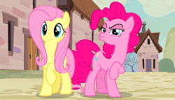 Size: 472x270 | Tagged: safe, screencap, fluttershy, pinkie pie, rarity, starlight glimmer, twilight sparkle, twilight sparkle (alicorn), alicorn, pegasus, pony, unicorn, the cutie map, animated, female, hoof under chin, in our town, mare, personal space invasion, raised eyebrow, singing, suspicious, touchy feely, when she doesn't smile