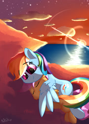 Size: 1800x2500 | Tagged: safe, artist:a8f12, derpibooru import, rainbow dash, scootaloo, pegasus, pony, cloud, cuddling, female, hug, night, night sky, protecting, protection, scootalove, sisters, spread wings, stars, sunset, water, winghug, wings