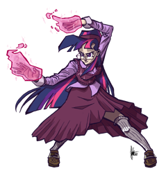 Size: 700x733 | Tagged: safe, artist:theartrix, derpibooru import, twilight sparkle, human, action pose, clothes, female, glasses, glowing hands, humanized, long skirt, magic, rule of cool, simple background, skirt, solo, sweater vest, transparent background