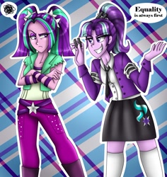 Size: 1264x1341 | Tagged: safe, artist:namygaga, aria blaze, starlight glimmer, equestria girls, clothes, cutie mark, dialogue, equestria girls-ified, female, mother and child, mother and daughter, necktie, parent and child, pictogram, skirt