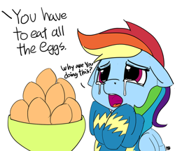 Size: 1280x1104 | Tagged: safe, artist:pabbley, derpibooru import, rainbow dash, pegasus, pony, clothes, cool hand luke, crying, dialogue, egg, floppy ears, meme, movie reference, offscreen character, open mouth, ponified meme, reference, simple background, solo, uniform, weird leg anatomy, white background, wonderbolts uniform, you have to eat all the eggs