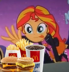 Size: 371x386 | Tagged: safe, edit, edited screencap, screencap, sunset shimmer, equestria girls, equestria girls (movie), burger, cheeseburger, cropped, food, french fries, hamburger, mcdonald's, meme, soda, sunset shimmer reaching for things, tongue out