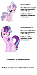 Size: 600x1200 | Tagged: safe, diamond tiara, starlight glimmer, earth pony, pony, unicorn, the cutie map, analysis, comparison, text, theory