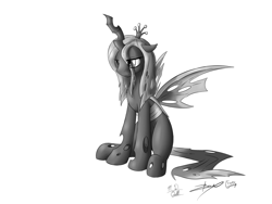 Size: 4000x3000 | Tagged: safe, artist:fiercewendigo, artist:m_d_quill, artist:xeirla, queen chrysalis, changeling, changeling queen, monochrome, solo