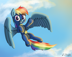 Size: 900x720 | Tagged: safe, artist:jackdragen, derpibooru import, rainbow dash, pegasus, pony, clothes, cloud, flying, grin, looking at you, smiling, solo, uniform, waving, wonderbolts uniform