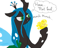 Size: 520x390 | Tagged: safe, artist:drchrissy, queen chrysalis, changeling, changeling queen, cheese, female, horn, solo