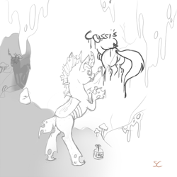 Size: 512x512 | Tagged: safe, artist:sourcherry, queen chrysalis, changeling, changeling queen, bugbutt, hive, ink, monochrome, painting, plot, this will end in tears