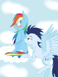 Size: 768x1024 | Tagged: safe, artist:ilaria122, derpibooru import, rainbow dash, soarin', pegasus, pony, blushing, kiss on the back, male, shipping, soarindash, straight