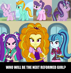 Size: 1150x1186 | Tagged: safe, adagio dazzle, aria blaze, diamond tiara, lightning dust, sonata dusk, starlight glimmer, suri polomare, equestria girls, rainbow rocks, the cutie map, antagonist, discussion, hilarious in hindsight, question, the dazzlings