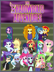 Size: 3100x4100 | Tagged: safe, artist:bootsyslickmane, derpibooru import, adagio dazzle, applejack, aria blaze, fluttershy, indigo zap, lemon zest, mina, pinkie pie, rainbow dash, rarity, sci-twi, sonata dusk, sour sweet, spike, spike the regular dog, sugarcoat, sunny flare, sunset shimmer, twilight sparkle, dog, fanfic:the shadowbolts adventures, equestria girls, friendship games, :3, absurd resolution, alternate costumes, alternate hairstyle, bleachers, book, boots, cardigan, cargo pants, clothes, collar, crossed arms, crossed legs, crystal prep shadowbolts, cute, dress, equestria girls-ified, fanfic, fanfic art, fanfic cover, freckles, frown, glasses, goggles, hat, hoodie, hug, human sunset, jacket, jeans, leather jacket, looking at each other, looking at something, looking at you, messy hair, missing accessory, necktie, one eye closed, pants, phone, pigtails, ponytail, raised eyebrow, scrunchy face, self paradox, shadow five, skirt, skirt lift, skull, smiling, socks, tongue out, twintails, unamused, wall of tags, wink