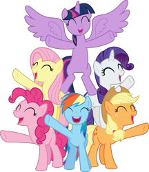 Size: 6400x7422 | Tagged: safe, artist:parclytaxel, derpibooru import, applejack, fluttershy, pinkie pie, rainbow dash, rarity, twilight sparkle, twilight sparkle (alicorn), alicorn, earth pony, pegasus, pony, unicorn, all bottled up, .svg available, absurd resolution, best friends until the end of time, bipedal, cute, dashabetes, diapinkes, eyes closed, female, jackabetes, mane six, mare, open mouth, pony pyramid, raised hoof, raribetes, shyabetes, simple background, smiling, spread wings, standing up, transparent background, twiabetes, vector, wings