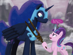 Size: 1280x969 | Tagged: safe, artist:unsavorydom, nightmare moon, starlight glimmer, alicorn, pony, unicorn, hoof hold, magic, mlpgdraws, s5 starlight, staff, staff of sameness, this will end in death, this will end in pain, this will not end well, you can't have a nightmare if you never dream