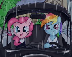 Size: 850x680 | Tagged: safe, artist:ehfkdl569, derpibooru import, pinkie pie, rainbow dash, earth pony, pegasus, pony, building, car, clothes, driving, necktie, rain, shirt, smiling, tree