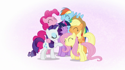 Size: 1920x1080 | Tagged: safe, derpibooru import, screencap, applejack, fluttershy, pinkie pie, rainbow dash, rarity, twilight sparkle, twilight sparkle (alicorn), alicorn, earth pony, pegasus, pony, unicorn, all bottled up, best friends until the end of time, group hug, hug, mane six