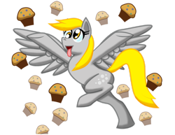 Size: 1024x791 | Tagged: safe, artist:thelonecrow, derpy hooves, pegasus, pony, female, mare, muffin, spread wings, wings