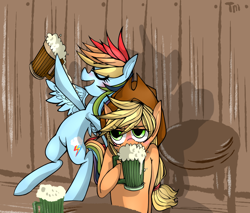 Size: 880x750 | Tagged: safe, artist:tama real, derpibooru import, applejack, rainbow dash, earth pony, pegasus, pony, cider, drunk, drunk aj, drunker dash, pixiv