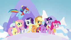 Size: 1920x1080 | Tagged: safe, derpibooru import, screencap, applejack, fluttershy, pinkie pie, rainbow dash, rarity, twilight sparkle, twilight sparkle (alicorn), alicorn, earth pony, pegasus, pony, unicorn, all bottled up, best friends until the end of time, mane six, snow, winter