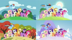 Size: 3840x2160 | Tagged: safe, derpibooru import, screencap, applejack, fluttershy, pinkie pie, rainbow dash, rarity, twilight sparkle, twilight sparkle (alicorn), alicorn, earth pony, pegasus, pony, unicorn, all bottled up, autumn, best friends until the end of time, comparison, mane six, seasons, spring, summer, winter