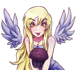 Size: 686x617 | Tagged: safe, artist:songoftheshoebox, derpy hooves, human, :3, alternative cutie mark placement, female, humanized, looking at you, muffin, solo, tongue out, winged humanization