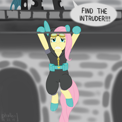 Size: 1500x1500 | Tagged: safe, artist:phallen1, fluttershy, queen chrysalis, changeling, changeling queen, pegasus, pony, bunny ears, dangerous mission outfit, female, flutterspy, hanging, hiding, mare, newbie artist training grounds