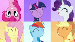 Size: 1920x1080 | Tagged: safe, derpibooru import, screencap, applejack, fluttershy, pinkie pie, rainbow dash, rarity, twilight sparkle, twilight sparkle (alicorn), alicorn, earth pony, pegasus, pony, unicorn, all bottled up, best friends until the end of time, mane six, upside down