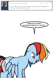 Size: 415x600 | Tagged: safe, artist:dekomaru, derpibooru import, rainbow dash, pegasus, pony, ask, floppy ears, implied appledash, implied lesbian, implied shipping, simple background, solo, tumblr, tumblr:ask twixie, white background