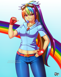 Size: 793x1000 | Tagged: safe, artist:jadenkaiba, derpibooru import, rainbow dash, human, alternate hairstyle, belly button, clothes, female, fingerless gloves, gloves, goggles, hoodie, humanized, jeans, jewelry, looking at you, midriff, necklace, pants, solo