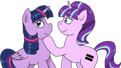 Size: 832x473 | Tagged: safe, artist:stockingstreams, starlight glimmer, twilight sparkle, twilight sparkle (alicorn), alicorn, pony, the cutie map, 3:, bedroom eyes, blushing, female, frown, hoof on chin, lesbian, looking away, mare, shipping, simple background, smiling, transparent background, twistarlight, wavy mouth