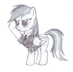 Size: 696x686 | Tagged: safe, artist:lockerobster, derpibooru import, rainbow dash, pegasus, pony, clothes, monochrome, older, rainbow dash salutes, salute, solo, traditional art, uniform, wonderbolts, wonderbolts dress uniform