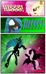 Size: 929x1477 | Tagged: safe, artist:ponymaan, fluttershy, queen chrysalis, changeling, changeling queen, comic:by skywalker's hand, comic:lyra-lyra's bizarre adventure, rainbow rocks, comic, fight, flutterbat, hissing, stand