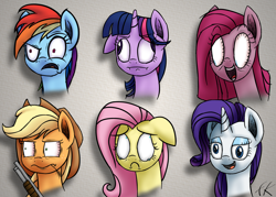 Size: 3500x2500 | Tagged: safe, artist:facelesssoles, derpibooru import, applejack, fluttershy, pinkie pie, rainbow dash, rarity, twilight sparkle, earth pony, pegasus, pony, unicorn, :i, bloodshot eyes, bust, derp, gun, high res, mane six, pinkamena diane pie, portrait, raised eyebrow, shotgun, shrunken pupils, teary eyes, weapon