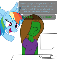 Size: 539x569 | Tagged: safe, anonymous artist, derpibooru import, rainbow dash, oc, oc:femanon, human, pegasus, pony, 4chan, clothes, cloud storage, colored, computer, desk, dialogue, drawthread, duo, flying, funny, looking over shoulder, monitor, pun, shirt, simple background