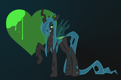 Size: 2640x1756 | Tagged: safe, artist:rubbermage, queen chrysalis, changeling, changeling queen, heart, raised hoof, solo