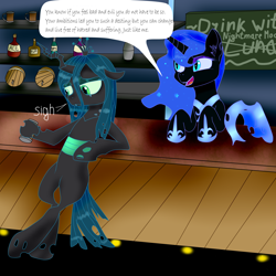Size: 3000x3000 | Tagged: safe, artist:php101, nightmare moon, queen chrysalis, alicorn, changeling, changeling queen, pony, alcohol, bar, crying, drink, helmet, missing accessory, nicemare moon