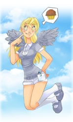 Size: 513x858 | Tagged: safe, artist:zoe-productions, derpy hooves, human, 2010s, 2012, ambiguous race, blushing, bubble, chocolate, clothes, colored pupils, cute, denim shorts, female, flying, golden eyes, hand on hip, happy, humanized, knee high socks, kneesocks, muffin, shirt, shorts, silly, sky, smiling, socks, solo, t-shirt, tomboy, uniform, winged humanization, wings, yellow hair