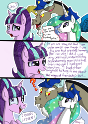 Size: 1024x1449 | Tagged: safe, artist:alia-star, discord, princess celestia, starlight glimmer, alicorn, pony, arrested, clothes, comic, criminal scum, dialogue, discop, exploitable meme, friendship police, hat, i didn't listen, insanity, meme, okay, police, princess arrestia, question mark, uniform, wat